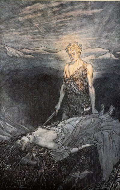 『魔法の携挙は私の心を突き刺します。修正済み、私の視線、恐怖に燃えている、私はリール、私の心は失神して失敗します！」、「ジークフリートと神々の黄昏」のイラスト、1924 作： Arthur Rackham